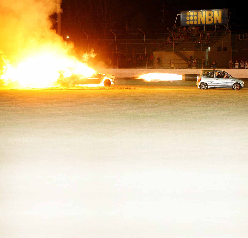 The jet car lit up Lucas Oil Lismore Speedway with its after-burners igniting an unwanted vehicle between races.