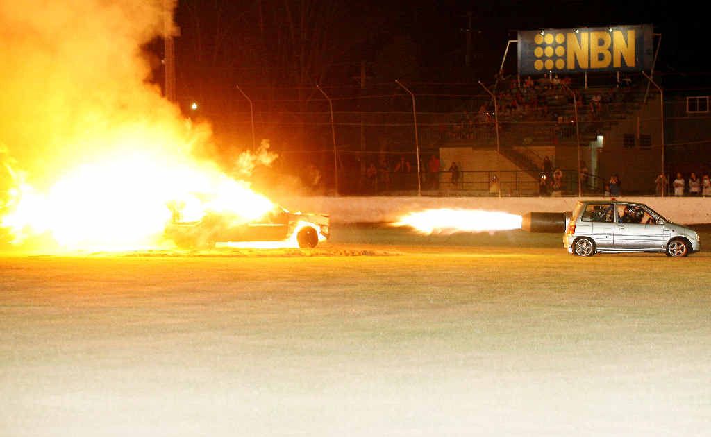 The jet car lit up Lucas Oil Lismore Speedway with its after-burners igniting an unwanted vehicle between races. The jet car lit up Lucas Oil Lismore Speedway with its after-burners igniting an unwanted vehicle between races.