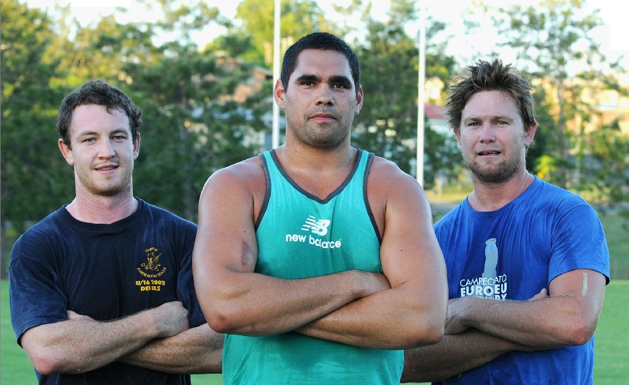 Gympie Devils’ forwards Billy Rogers, Kurt Fleming and Riley McDowall are ready to be auctioned off as slaves at the Devils’ season launch. Gympie Devils’ forwards Billy Rogers, Kurt Fleming and Riley McDowall are ready to be auctioned off as slaves at the Devils’ season launch.
