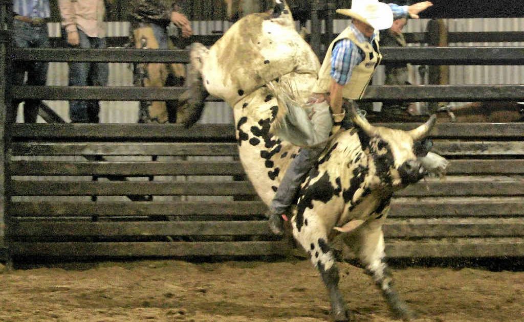 Jared Borghero tames Cochise to claim 89 points in the Open Bull Ride at the Bullzye Top Guns Rodeo at The Great Western Hotel, Rockhampton. Jared Borghero tames Cochise to claim 89 points in the Open Bull Ride at the Bullzye Top Guns Rodeo at The Great Western Hotel, Rockhampton.