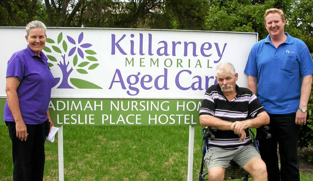 Killarney Memorial Aged Care staff members Karen Campbell and Brad Jones with resident Mr Wally Cotter. Killarney Memorial Aged Care staff members Karen Campbell and Brad Jones with resident Mr Wally Cotter.