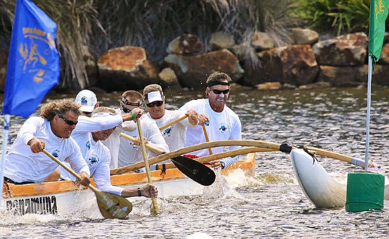 The Mooloolaba crew on its way to winning the senior master men’s 1000m final at the Australian National Outrigger Sprint Titles at Lake Kawana. The Mooloolaba crew on its way to winning the senior master men’s 1000m final at the Australian National Outrigger Sprint Titles at Lake Kawana.