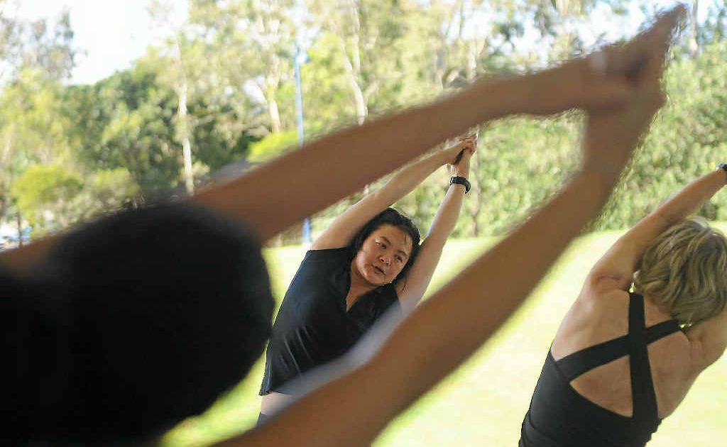 Yoga instructors Phillipa Leis and Muriel Strahm conduct a class.
