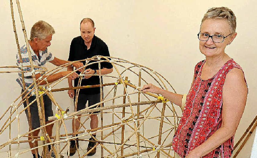 BRAG artist in residence Marion Gaemers with her installation at the gallery. With her are Errol Herman and Jason Powrie who are her open studio helpers for the afternoon.