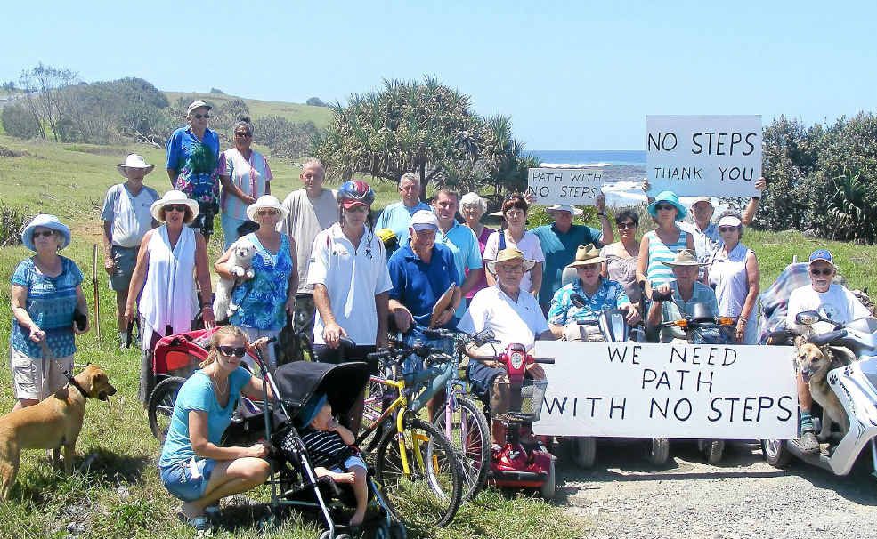 NO STEPS: The Northern Beaches Users Club and community members protest council’s decision to have gravel and steps on the Skennars Head section of the Ballina-Lennox Head pathway. NO STEPS: The Northern Beaches Users Club and community members protest council’s decision to have gravel and steps on the Skennars Head section of the Ballina-Lennox Head pathway.