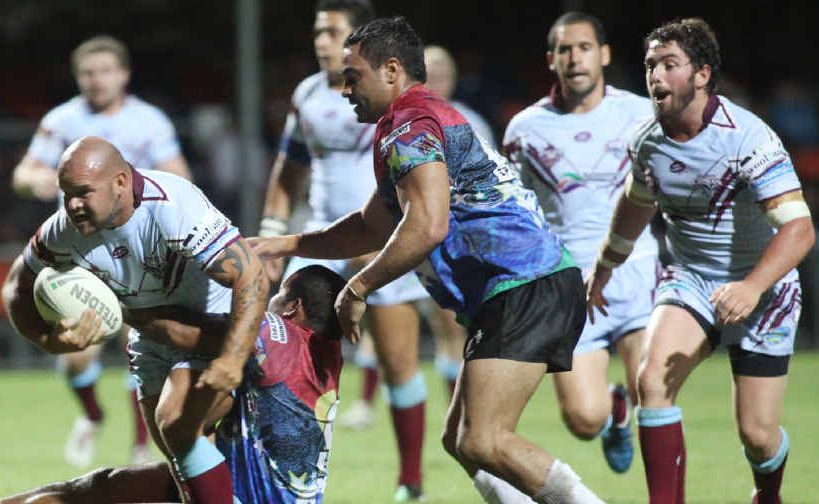 Capras hooker Cheyenne Motu tries to break the CQ Indigenous All Stars line during another powerful run. Capras hooker Cheyenne Motu tries to break the CQ Indigenous All Stars line during another powerful run.