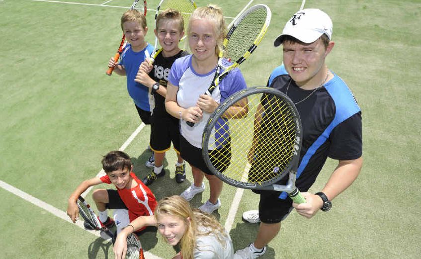 The Lancaster kids (from back, left) Sam (8), Blake (12), Jessica (14) and Callum (16) and (front, left) Eli McDermott (11) and Jessica Tickle (14) love their tennis. The Lancaster kids (from back, left) Sam (8), Blake (12), Jessica (14) and Callum (16) and (front, left) Eli McDermott (11) and Jessica Tickle (14) love their tennis.