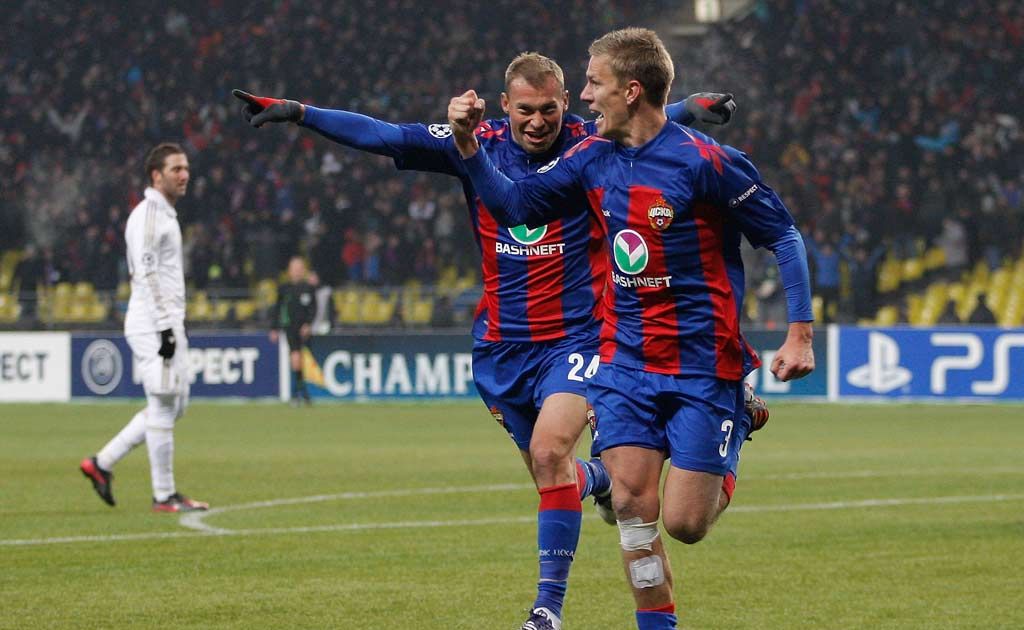 CSKA Moscow's Vasili Berezutsky and Pontus Wernbloom (right) celebrate scoring the equaliser. CSKA Moscow's Vasili Berezutsky and Pontus Wernbloom (right) celebrate scoring the equaliser.