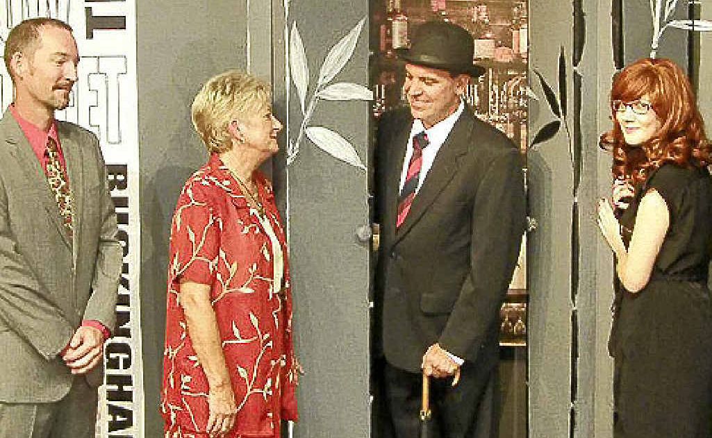 Henry (Peter Harding) lasciviously ogles his date Miss Wilkinson (Jennifer Briguglio) while his wife Linda (Lyn Gale) hides her lover Walter (Warwick Binney) in the bar cupboard. Henry (Peter Harding) lasciviously ogles his date Miss Wilkinson (Jennifer Briguglio) while his wife Linda (Lyn Gale) hides her lover Walter (Warwick Binney) in the bar cupboard.
