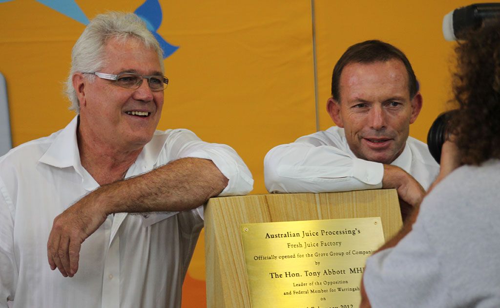 Leader of the Opposition Tony Abbott (right) seen here with Grove Juice Company co-director Greg Willis. Leader of the Opposition Tony Abbott (right) seen here with Grove Juice Company co-director Greg Willis.