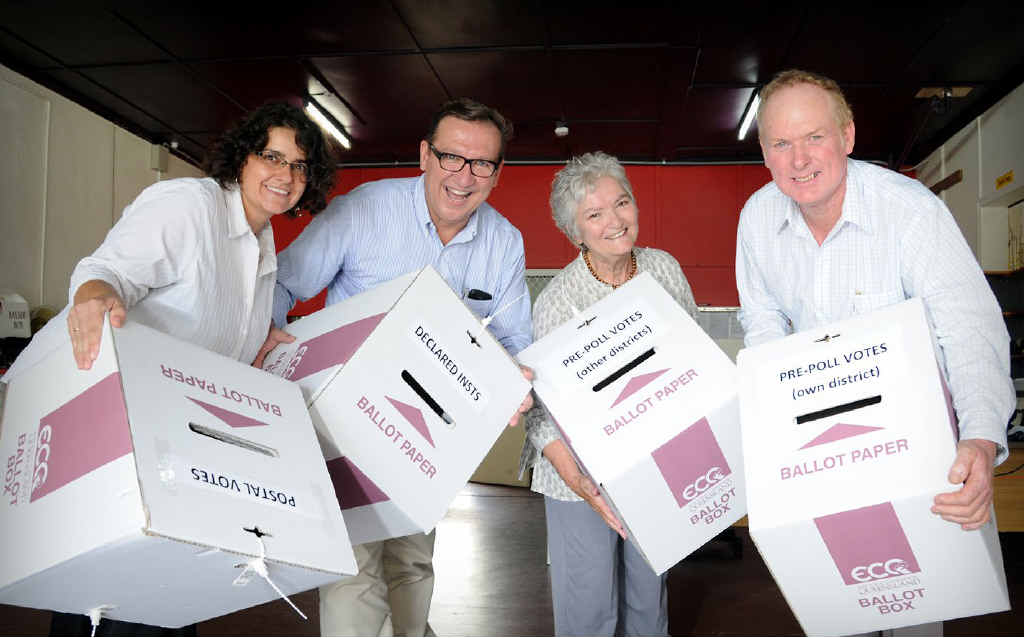 Kathy Hawke, David Gibson, Shena MacDonald and Shane Paulger at the official ballot draw in Gympie yesterday.
