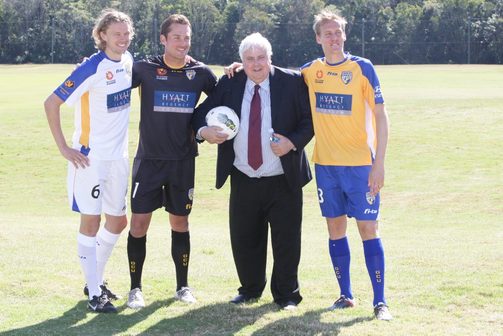 Clive Palmer -Mining magnate, property developer, owner of Hyatt Regancy Coolum and Gold Coast United with GCU's players, (R-L) Paul Beekmans, Glen Moss and Captain Michael Thwaite in their teams new playing strip. Photo: Kari Bourne / Sunshine Coast Daily Clive Palmer -Mining magnate, property developer, owner of Hyatt Regancy Coolum and Gold Coast United with GCU's players, (R-L) Paul Beekmans, Glen Moss and Captain Michael Thwaite in their teams new playing strip. Photo: Kari Bourne / Sunshine Coast Daily