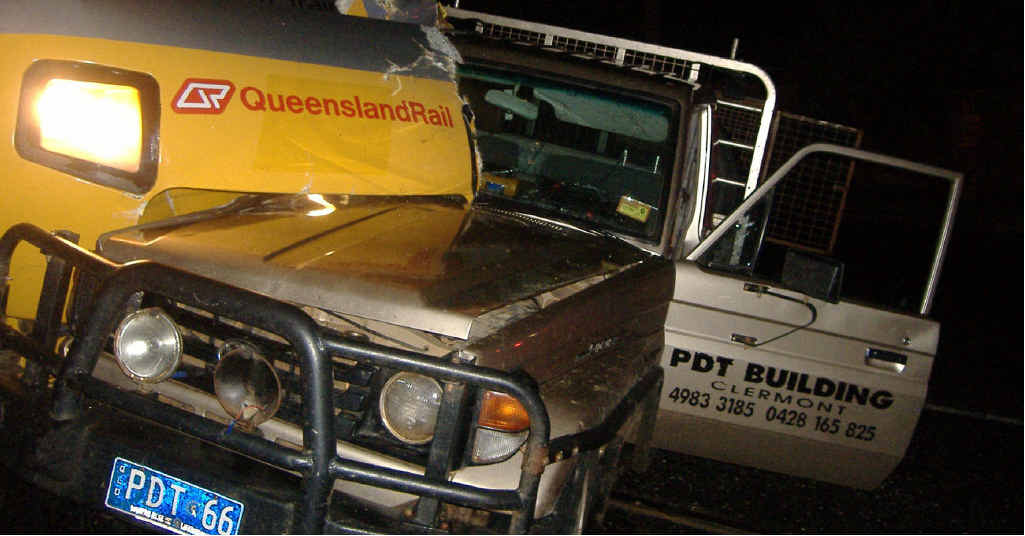 A Queensland Rail Tilt Train collided with a Toyota utility at the intersection of Denison St and William St in Rockhampton. A Queensland Rail Tilt Train collided with a Toyota utility at the intersection of Denison St and William St in Rockhampton.