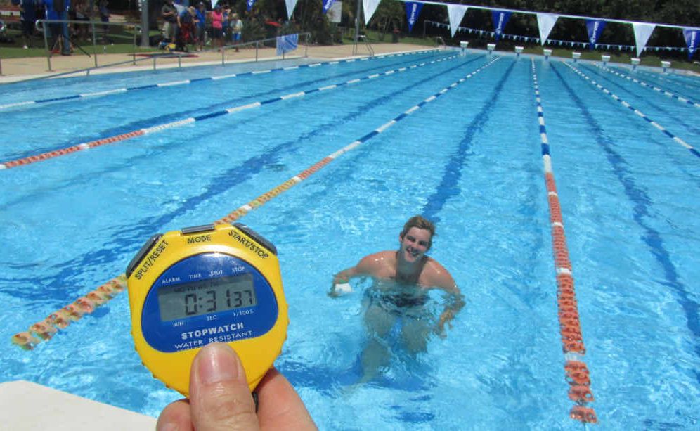 Former Emerald club captain Tim Edmistone after his win at the Mackey Masters 50m freestyle sprint in Capella. Former Emerald club captain Tim Edmistone after his win at the Mackey Masters 50m freestyle sprint in Capella.