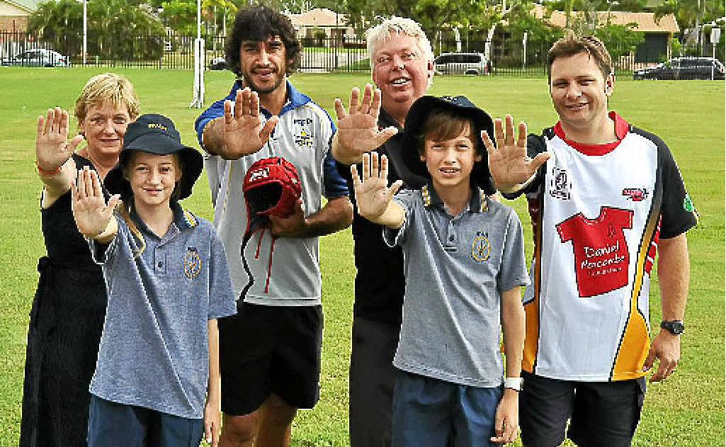 Bruce and Denise Morcombe with Cowboys Johnathon Thurston and Kalifa Faifai Loa and students at Ryan Catholic College. Bruce and Denise Morcombe with Cowboys Johnathon Thurston and Kalifa Faifai Loa and students at Ryan Catholic College.