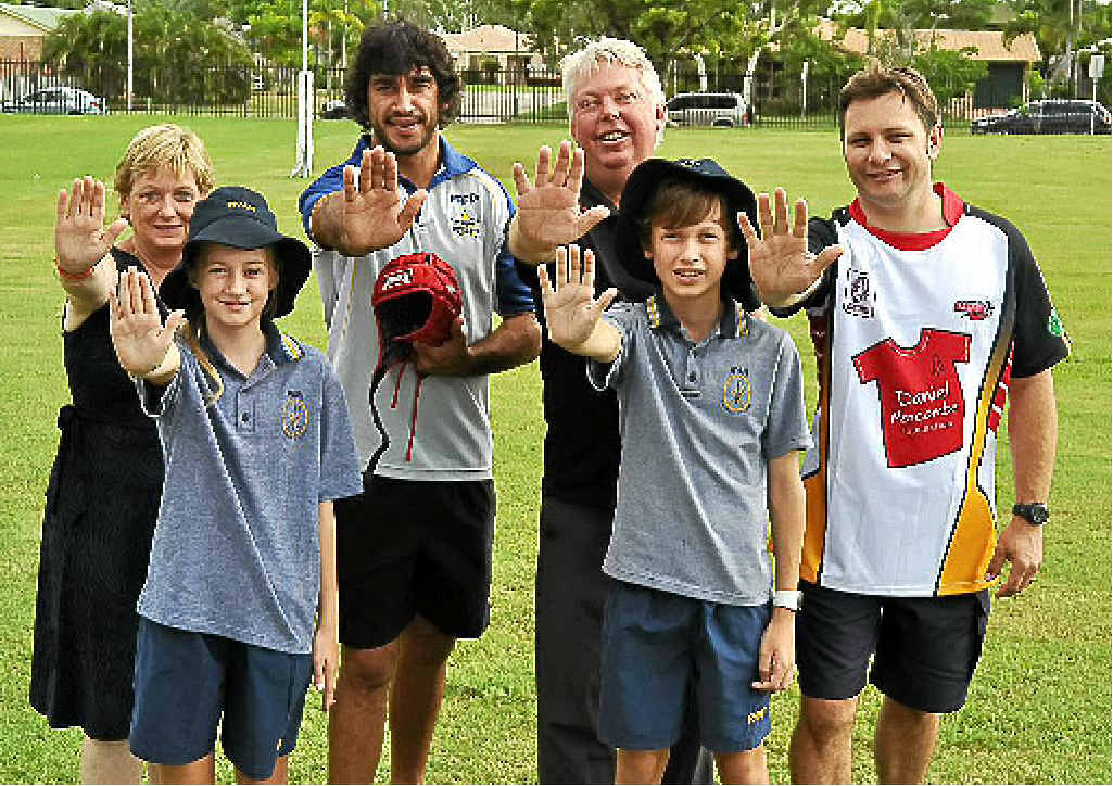 Bruce and Denise Morcombe with Cowboys Johnathon Thurston and Kalifa Faifai Loa and students at Ryan Catholic College. Bruce and Denise Morcombe with Cowboys Johnathon Thurston and Kalifa Faifai Loa and students at Ryan Catholic College.