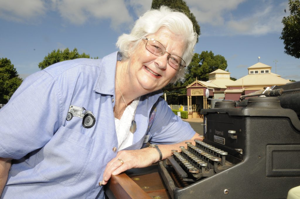 Hazel Sampson with some of her husband's British typewriters from the 1940s and 1950s.