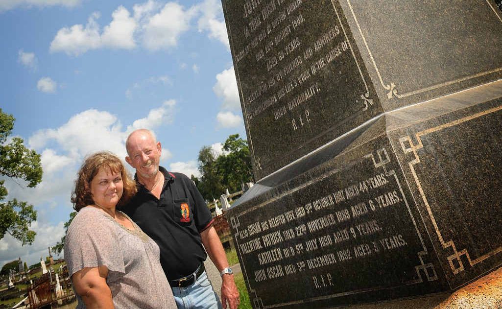 Di and Woody Woodstock at the grave of John Flood in the Gympie Cemetery. His story and those of seven other Gympie pioneers will be shared with local history lovers at theGympie Family History Society’s cemetery crawl. Di and Woody Woodstock at the grave of John Flood in the Gympie Cemetery. His story and those of seven other Gympie pioneers will be shared with local history lovers at theGympie Family History Society’s cemetery crawl.