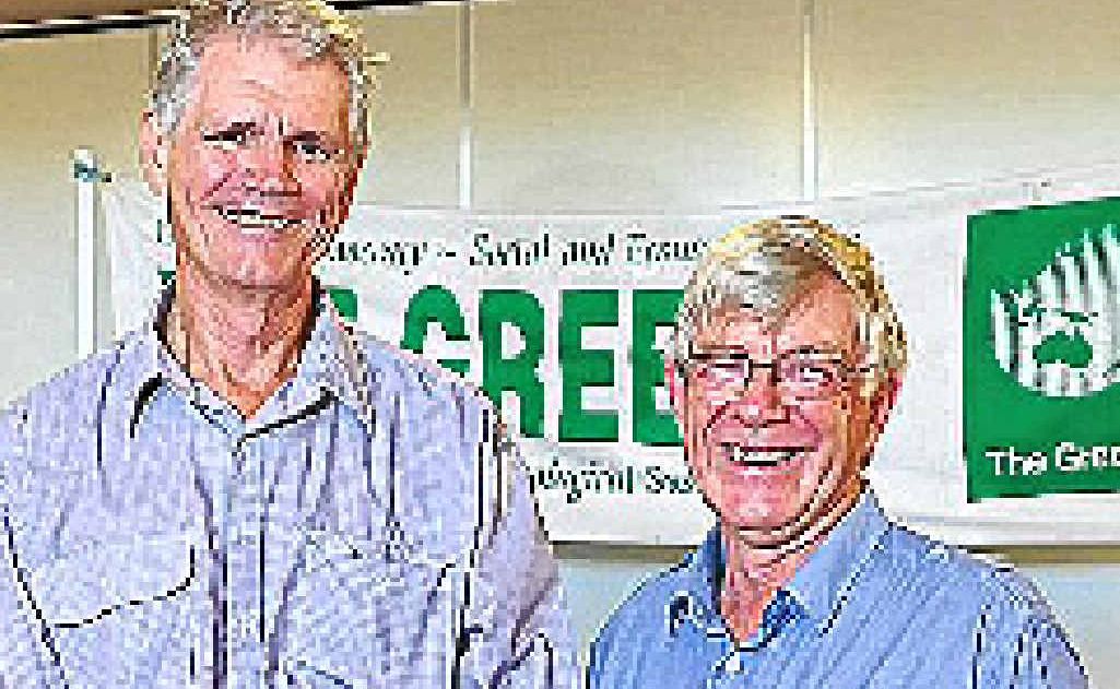 Greens Noosa candidate Jim McDonald (right) with Greens leader Drew Hutton at the campaign launch at the J in Noosa.