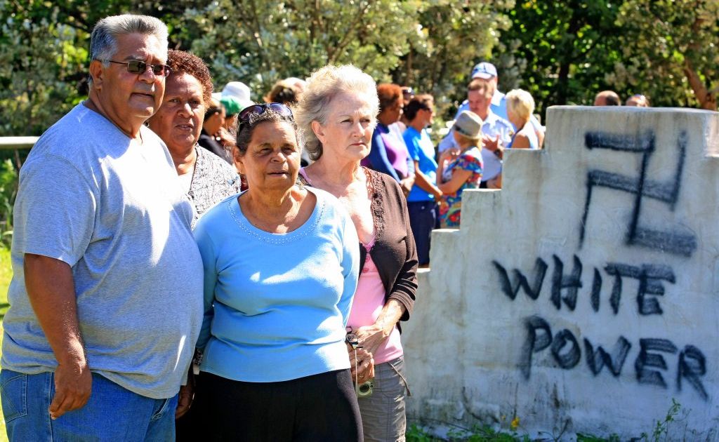 Residents at Fingal Cemetery Kevin Slabb, Sharon Phillips, Aunty Joyce and Jackie McDonald are outraged that vandals struck the sacred site. Residents at Fingal Cemetery Kevin Slabb, Sharon Phillips, Aunty Joyce and Jackie McDonald are outraged that vandals struck the sacred site.