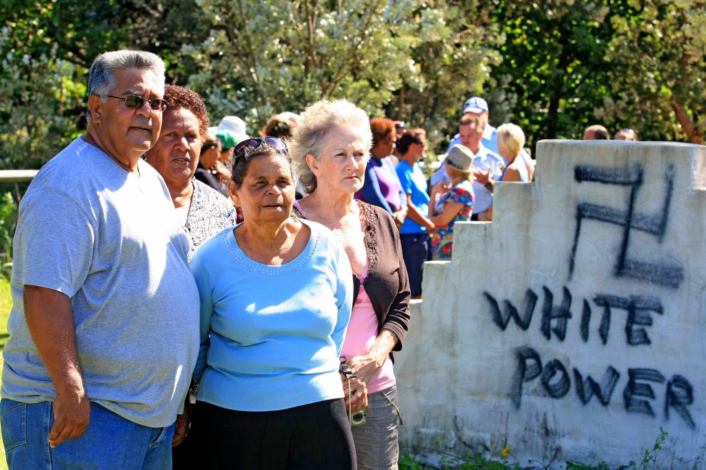Residents at Fingal Cemetery Kevin Slabb, Sharon Phillips, Aunty Joyce and Jackie McDonald are outraged that vandals struck the sacred site. Residents at Fingal Cemetery Kevin Slabb, Sharon Phillips, Aunty Joyce and Jackie McDonald are outraged that vandals struck the sacred site.