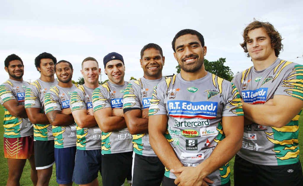 At least nine different ethnic groups are represented at the Ipswich Jets, including (from left) Torres Strait (Connie Pearson), Samoa (Ramon FIlipine), Papua New Guinea (Tu’u Maori), Caucasian Australian (Todd Riggs), Maori (Slade King), Aborigine (Brendon Marshall), Tonga (Lorenzo Ma’afu), USA (Joshua Rice) and Scotland (Brendon Lindsay – absent). At least nine different ethnic groups are represented at the Ipswich Jets, including (from left) Torres Strait (Connie Pearson), Samoa (Ramon FIlipine), Papua New Guinea (Tu’u Maori), Caucasian Australian (Todd Riggs), Maori (Slade King), Aborigine (Brendon Marshall), Tonga (Lorenzo Ma’afu), USA (Joshua Rice) and Scotland (Brendon Lindsay – absent).