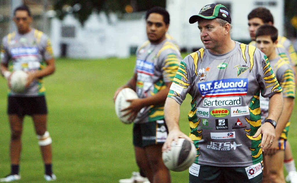 Ipswich Jets Colts coach Mark Bishop issues his instructions at training after players warm up. Ipswich Jets Colts coach Mark Bishop issues his instructions at training after players warm up.