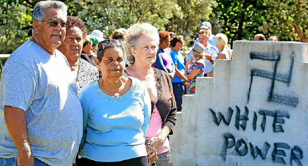 Residents Kevin Slabb, Sharon Phillips, Aunty Joyce and Jackie McDonald at the cemetery. Residents Kevin Slabb, Sharon Phillips, Aunty Joyce and Jackie McDonald at the cemetery.