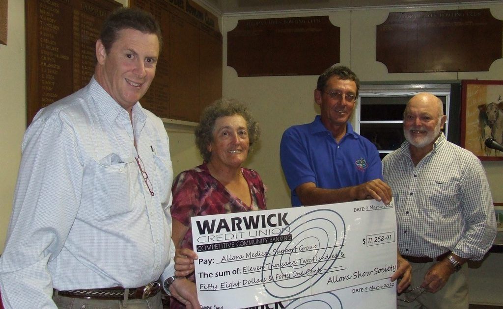 Allora Medical Support Group Chairman Jon Constable is presented with cheques as donations towards the building of a new medical centre in Allora by Allora Show Society President Shirley Cornhill, Allora Sports Club President Kev Harrison and chief organiser of the Allora New Year Mega Party Ted Cowley, at the Allora Cattle Drive Sponsors Auction & New Year Mega Party Funds Presentation at the Allora Sports Club on Friday night. Allora Medical Support Group Chairman Jon Constable is presented with cheques as donations towards the building of a new medical centre in Allora by Allora Show Society President Shirley Cornhill, Allora Sports Club President Kev Harrison and chief organiser of the Allora New Year Mega Party Ted Cowley, at the Allora Cattle Drive Sponsors Auction & New Year Mega Party Funds Presentation at the Allora Sports Club on Friday night.