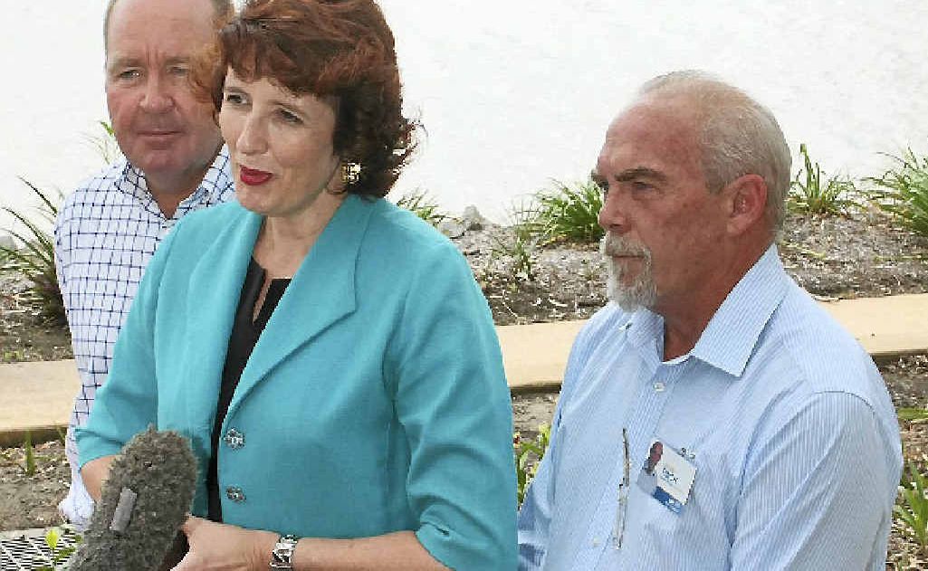 LNP shadow minister for housing Fiona Simpson in Rockhampton with local LNP candidates Bruce Young and Gavin Finch.