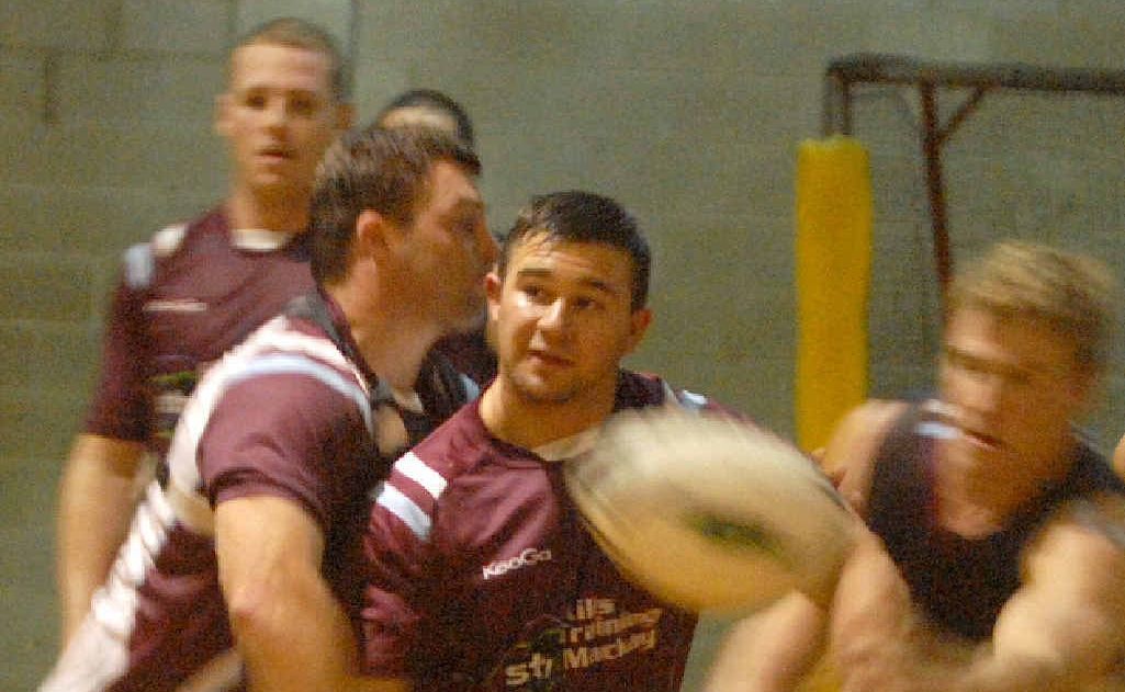 Mackay Cutters Neil Budworth, Kelvin Nielsen and Chris Gesch train inside at Mackay State High School, due to heavy rain. Mackay Cutters Neil Budworth, Kelvin Nielsen and Chris Gesch train inside at Mackay State High School, due to heavy rain.
