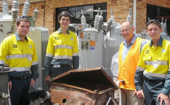 Work experience recruits (from left) Sam Richards, Duncan Nish and Steven Thompson are shown around the Ergon Energy Maryborough depot site by area services manager John Box (second from right). Work experience recruits (from left) Sam Richards, Duncan Nish and Steven Thompson are shown around the Ergon Energy Maryborough depot site by area services manager John Box (second from right).