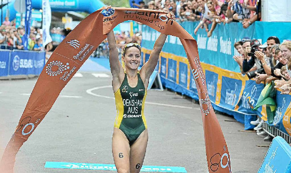 Erin Densham claims victory at the Mooloolaba Triathlon. Erin Densham claims victory at the Mooloolaba Triathlon.