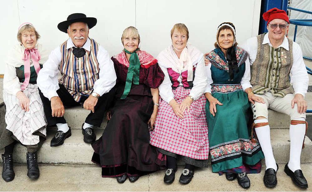 Jan Palmer, Tom and Liz Larsen, Carol Eden and Pat and Kurt Christensen from the Danish Folk Dancing Group wait backstage for their performance at the Fraser Coast Cultural Festival.