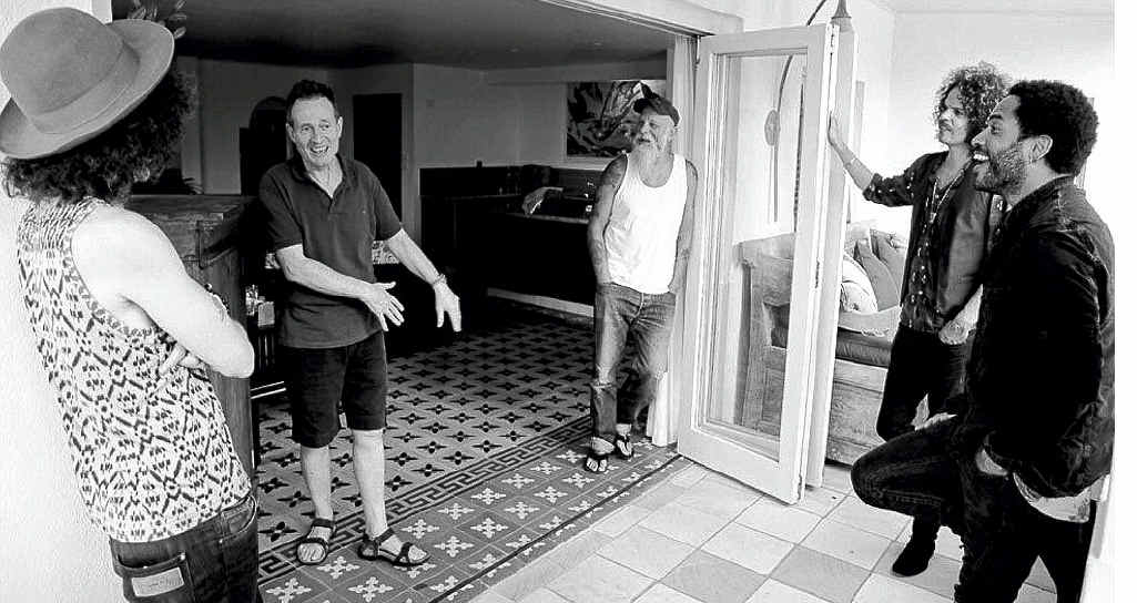 Pictured in Byron Bay are from left Craig Ross (Lenny Kravitz’s guitarist), John Paul Jones (Led Zeppelin and Them Crooked Vultures), Seasick Steve, Andrew Stockdale (Wolfmother) and Lenny Kravitz. Pictured in Byron Bay are from left Craig Ross (Lenny Kravitz’s guitarist), John Paul Jones (Led Zeppelin and Them Crooked Vultures), Seasick Steve, Andrew Stockdale (Wolfmother) and Lenny Kravitz.