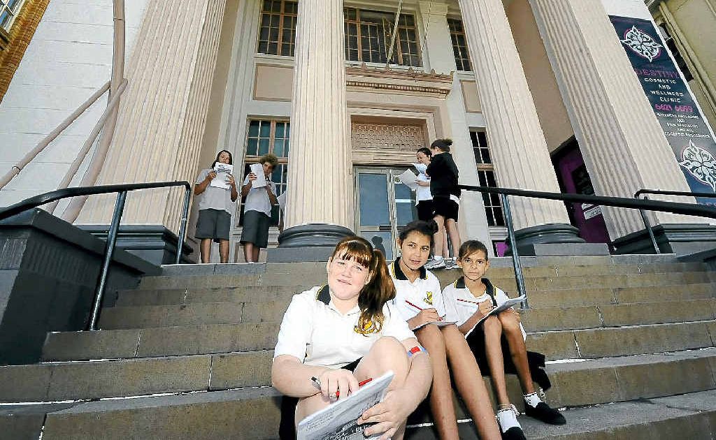 Lismore High School students on their heritage walk around Lismore – (front row) Olivia Brennan, Marlie-Lee King and Alvina Kapeen. Lismore High School students on their heritage walk around Lismore – (front row) Olivia Brennan, Marlie-Lee King and Alvina Kapeen.