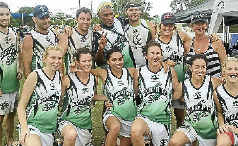 Lismore’s open mixed OzTag team following the Queensland State Cup at Caloundra: Back row, from left, Shayne Smith, Aaron Campbell, Michael Munro, Mook Harrington, Reece Smith, Zahli Lowe, Janelle McAnelly (manager); front row, Cassie Brown, Hayley McAnelly, Sasha Harrington, Lisa Brown, Nicole Kelly, Hayley De Lemare. Absent: Ben Daly. Lismore’s open mixed OzTag team following the Queensland State Cup at Caloundra: Back row, from left, Shayne Smith, Aaron Campbell, Michael Munro, Mook Harrington, Reece Smith, Zahli Lowe, Janelle McAnelly (manager); front row, Cassie Brown, Hayley McAnelly, Sasha Harrington, Lisa Brown, Nicole Kelly, Hayley De Lemare. Absent: Ben Daly.