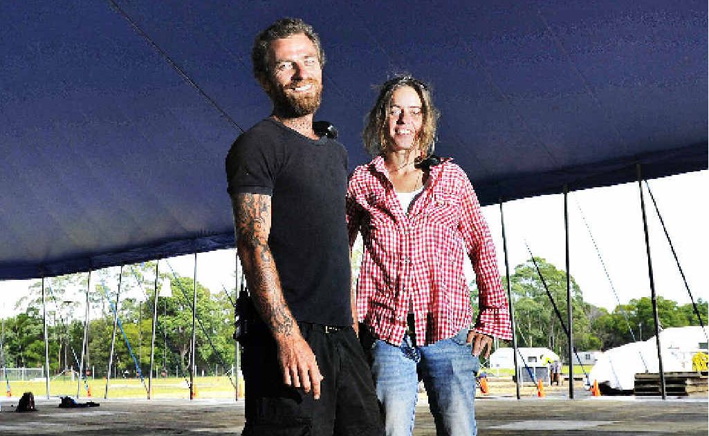 Set-up for the 2012 Byron Bay Blues Festival near Tyagarah is well under way with site manager Matty Williams and operations manager Nova Mikin over-seeing construction. Set-up for the 2012 Byron Bay Blues Festival near Tyagarah is well under way with site manager Matty Williams and operations manager Nova Mikin over-seeing construction.