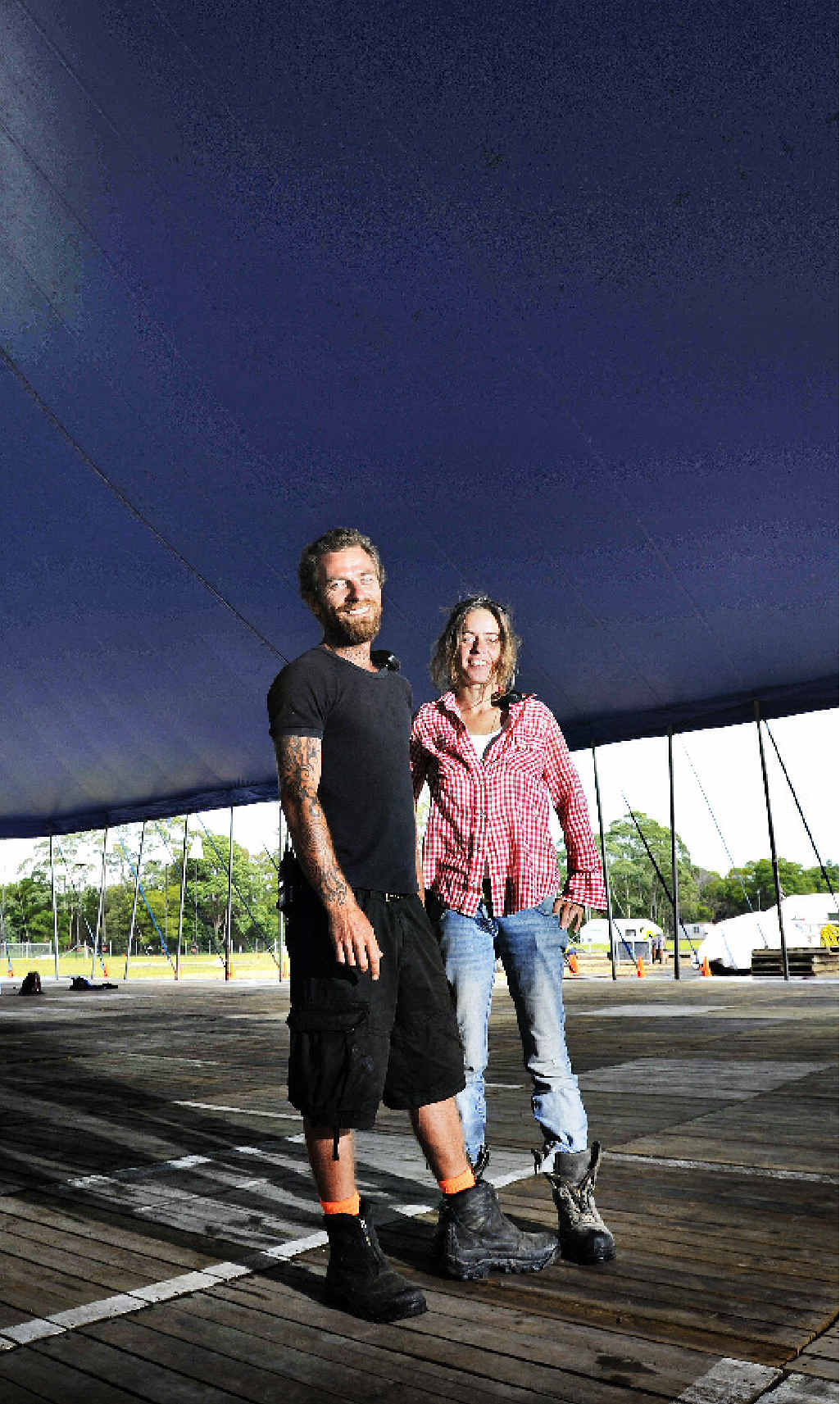 Set-up for the 2012 Byron Bay Blues Festival near Tyagarah is well under way with site manager Matty Williams and operations manager Nova Mikin over-seeing construction. Set-up for the 2012 Byron Bay Blues Festival near Tyagarah is well under way with site manager Matty Williams and operations manager Nova Mikin over-seeing construction.