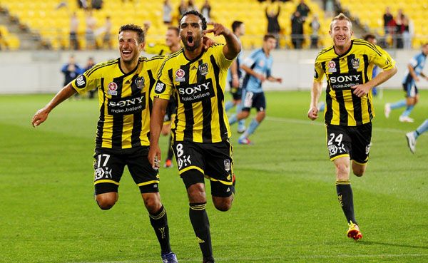 Paul Ifill and Vince Lia of the Phoenix celebrate the winning goal during the A-League Elimination Final match between the Wellington Phoenix and Sydney FC Paul Ifill and Vince Lia of the Phoenix celebrate the winning goal during the A-League Elimination Final match between the Wellington Phoenix and Sydney FC