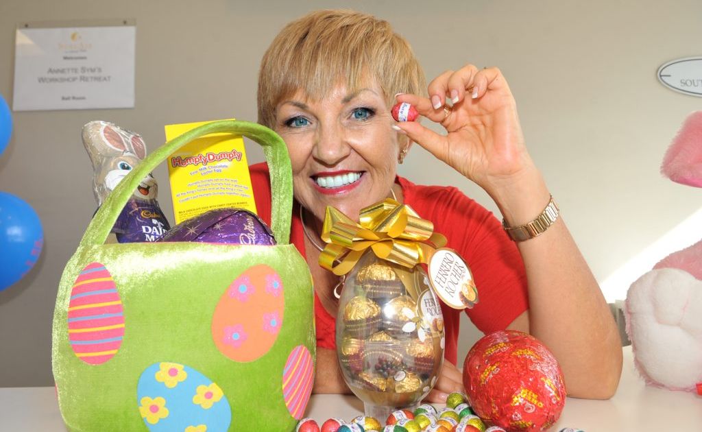 Annette Sym-Easter health story. Annette is displaying a variety of chocolate Easter eggs. Annette Sym-Easter health story. Annette is displaying a variety of chocolate Easter eggs.