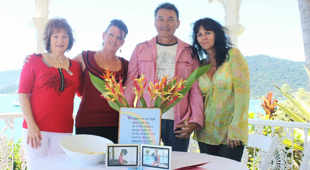 Life-long friends (from left) Maureen Foster and Michelle Black along with Carmel Brookes’ brother Bill Heang and step-daughter Lisa Brooks at a memorial service in the Whitsundays. Life-long friends (from left) Maureen Foster and Michelle Black along with Carmel Brookes’ brother Bill Heang and step-daughter Lisa Brooks at a memorial service in the Whitsundays.