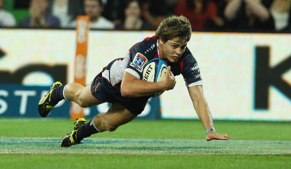 James O'Conner scores a try for the Rebels James O'Conner scores a try for the Rebels