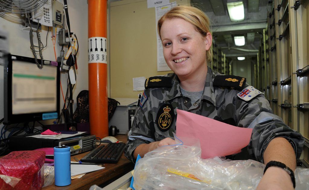 Able Seaman Lisa Thompson putting stock away on board HMAS Melbourne in the Gulf of Aden as part of Operation Slipper. Able Seaman Lisa Thompson putting stock away on board HMAS Melbourne in the Gulf of Aden as part of Operation Slipper.