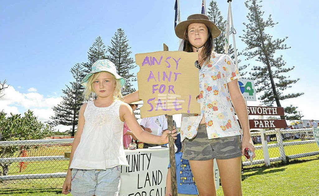 Lennox Head residents protesting the sale of council land close to Lake Ainsworth were Mia Shearer, 8 and Michelle Shearer, both of Lennox Head. Lennox Head residents protesting the sale of council land close to Lake Ainsworth were Mia Shearer, 8 and Michelle Shearer, both of Lennox Head.