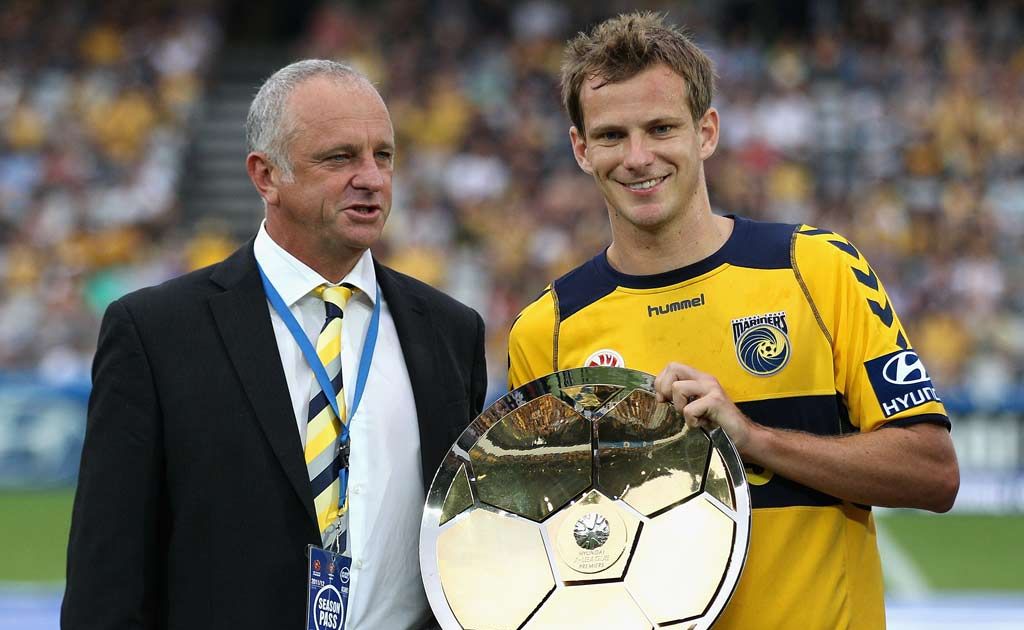 Central Coast's Graham Arnold and Alex Wilkinson. Central Coast's Graham Arnold and Alex Wilkinson.