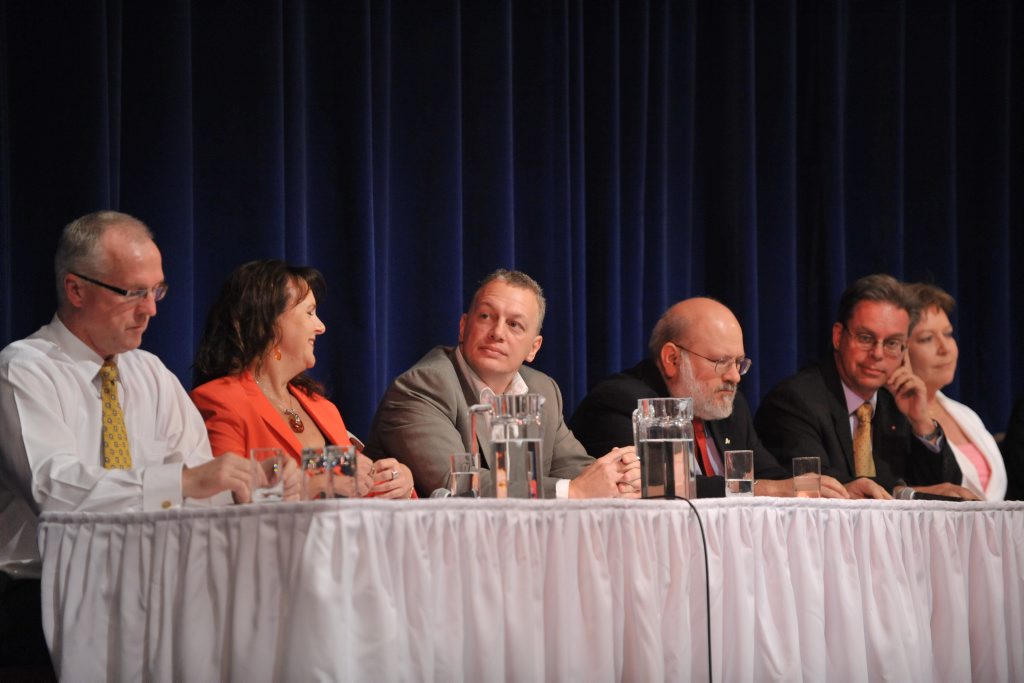 Mark Jamieson, Kim Edwards, Brett Winkler, Warren Blee, Michael Bloyce, Debbie Blumel at the mayoral forum hosted at Lake Kawana Community Centre.