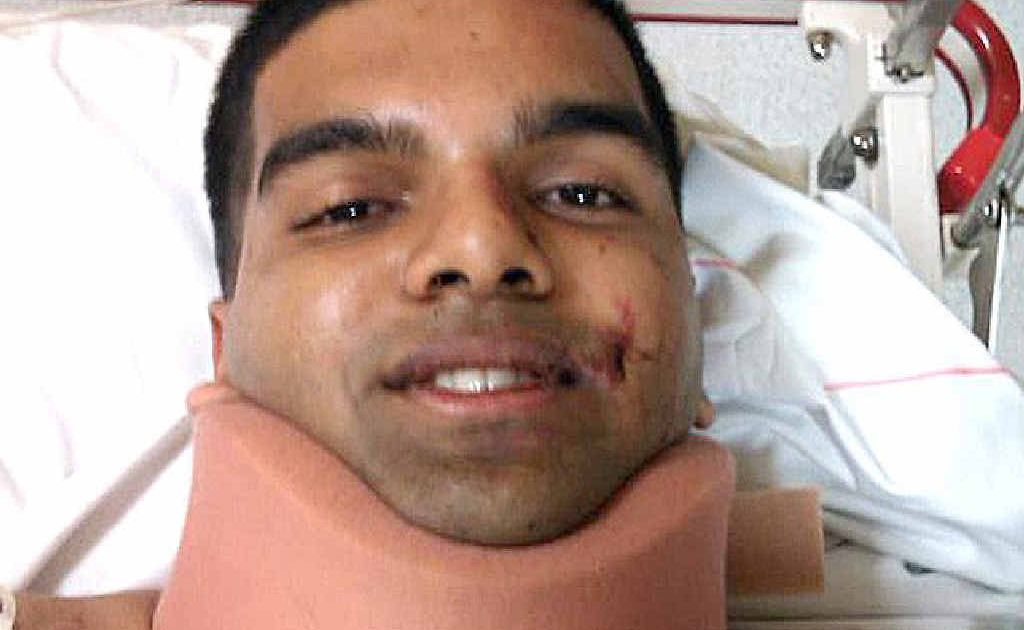 Amateur skydiver Sankar Venkatesan has returned home from hospital after crash landing in a tree at Gatton on Saturday. Amateur skydiver Sankar Venkatesan has returned home from hospital after crash landing in a tree at Gatton on Saturday.