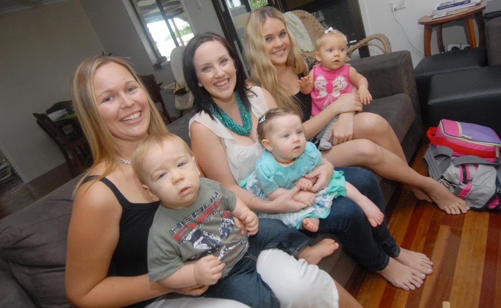 Anne-Maree Nolan, Tianna Muscat and Samantha Mitchell with babies Liam, Kiara and Scarlette. Anne-Maree Nolan, Tianna Muscat and Samantha Mitchell with babies Liam, Kiara and Scarlette.