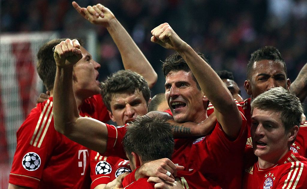 Mario Gomez of Bayern celebrates the second goal with his team mates during the UEFA Champions League Semi Final first leg match between FC Bayern Muenchen and Real Madrid at Allianz Arena on April 17, 2012 in Munich, Germany. Mario Gomez of Bayern celebrates the second goal with his team mates during the UEFA Champions League Semi Final first leg match between FC Bayern Muenchen and Real Madrid at Allianz Arena on April 17, 2012 in Munich, Germany.